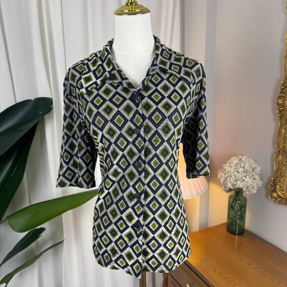 Vintage Geometric 70s Style Button-Up Semi Sheer Blouse sz L/XL - Picture 3 of 9